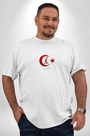 Ay Yıldız Beyaz Kemal Atatürk İmza Beyaz Büyük Beden Kadın Erkek Ünisex  Basic Ön Baskılı Tişört