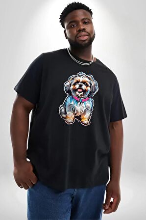 Shih Tzu Renkli Köpek Siyah Büyük Beden Erkek Kadın Unisex Basic Ön Baskılı Tişört