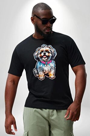 Shih Tzu Renkli Köpek Siyah Büyük Beden Erkek Kadın Unisex Basic Ön Baskılı Tişört