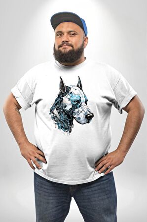 Robot Cyborg Köpek Doberman  Beyaz Büyük Beden Kadın Erkek Ünisex  Basic Ön Baskılı Tişört