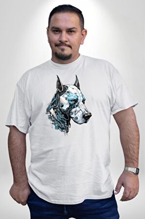 Robot Cyborg Köpek Doberman  Beyaz Büyük Beden Kadın Erkek Ünisex  Basic Ön Baskılı Tişört