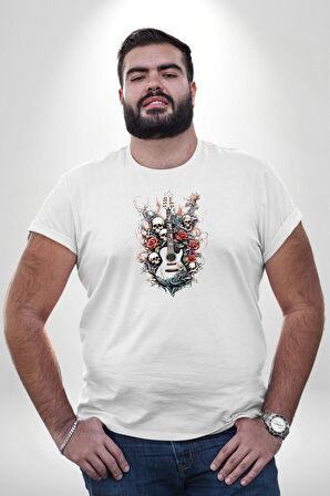 Gitar Kafatası Güller Doğa Uyumu Beyaz Büyük Beden Kadın Erkek Ünisex  Basic Ön Baskılı Tişört