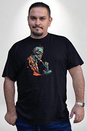 Zombi İskelet Kendine Yumruk  Siyah Büyük Beden Erkek Kadın Unisex Basic Ön Baskılı Tişört