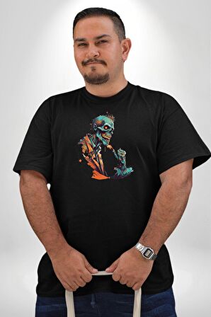 Zombi İskelet Kendine Yumruk  Siyah Büyük Beden Erkek Kadın Unisex Basic Ön Baskılı Tişört