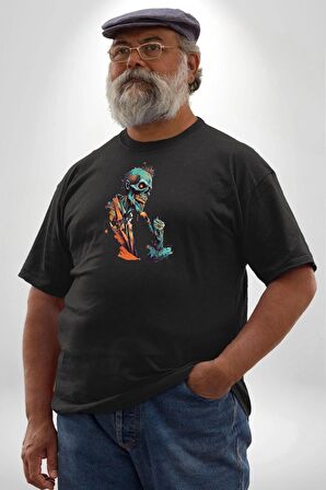 Zombi İskelet Kendine Yumruk  Siyah Büyük Beden Erkek Kadın Unisex Basic Ön Baskılı Tişört