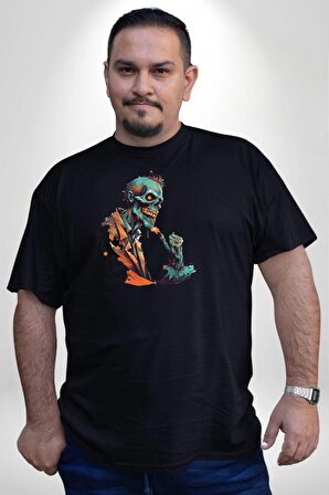 Zombi İskelet Kendine Yumruk  Siyah Büyük Beden Erkek Kadın Unisex Basic Ön Baskılı Tişört