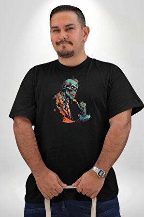Zombi İskelet Kendine Yumruk  Siyah Büyük Beden Erkek Kadın Unisex Basic Ön Baskılı Tişört