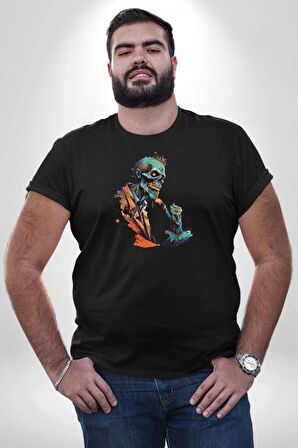 Zombi İskelet Kendine Yumruk  Siyah Büyük Beden Erkek Kadın Unisex Basic Ön Baskılı Tişört
