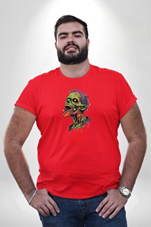 Zombi Kafası Kırmızı Büyük Beden Erkek Kadın Unisex Basic Ön Baskılı Tişört