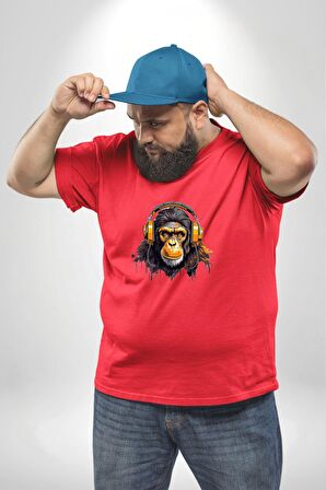 Maymun Altın Kulaklık Müzik  Kırmızı Büyük Beden Erkek Kadın Unisex Basic Ön Baskılı Tişört