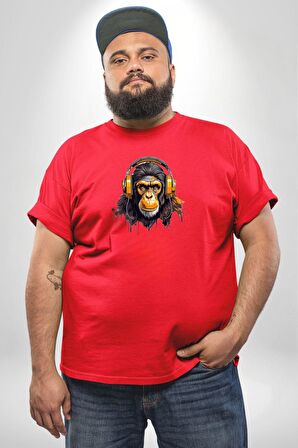 Maymun Altın Kulaklık Müzik  Kırmızı Büyük Beden Erkek Kadın Unisex Basic Ön Baskılı Tişört