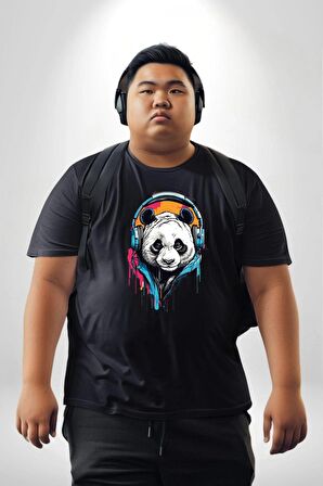 Kulaklık Ayı Panda Siyah Büyük Beden Erkek Kadın Unisex Basic Ön Baskılı Tişört