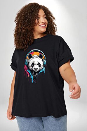 Kulaklık Ayı Panda Siyah Büyük Beden Erkek Kadın Unisex Basic Ön Baskılı Tişört