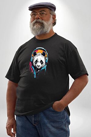 Kulaklık Ayı Panda Siyah Büyük Beden Erkek Kadın Unisex Basic Ön Baskılı Tişört