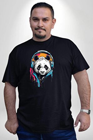Kulaklık Ayı Panda Siyah Büyük Beden Erkek Kadın Unisex Basic Ön Baskılı Tişört