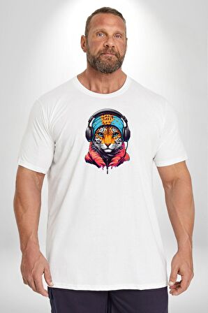 Kulaklık Kedi Leopar Bandana Beyaz Büyük Beden Kadın Erkek Ünisex  Basic Ön Baskılı Tişört