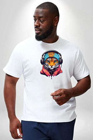 Kulaklık Kedi Leopar Bandana Beyaz Büyük Beden Kadın Erkek Ünisex  Basic Ön Baskılı Tişört