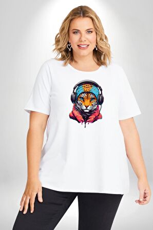 Kulaklık Kedi Leopar Bandana Beyaz Büyük Beden Kadın Erkek Ünisex  Basic Ön Baskılı Tişört