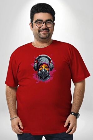 Maske Duman Corona Müzik Kulaklık  Kırmızı Büyük Beden Erkek Kadın Unisex Basic Ön Baskılı Tişört