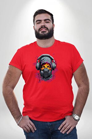 Maske Duman Corona Müzik Kulaklık  Kırmızı Büyük Beden Erkek Kadın Unisex Basic Ön Baskılı Tişört