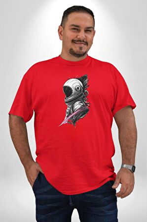 Astronot Kafası  Kırmızı Büyük Beden Erkek Kadın Unisex Basic Ön Baskılı Tişört