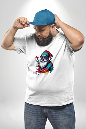 Renkli Noel Baba Yeni Nesil Gözlüklü Beyaz Büyük Beden Kadın Erkek Ünisex  Basic Ön Baskılı Tişört