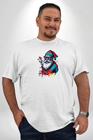 Renkli Noel Baba Yeni Nesil Gözlüklü Beyaz Büyük Beden Kadın Erkek Ünisex  Basic Ön Baskılı Tişört