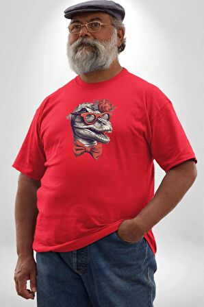 Kırmızı Gözlük Papyon Dinazor  Kırmızı Büyük Beden Erkek Kadın Unisex Basic Ön Baskılı Tişört