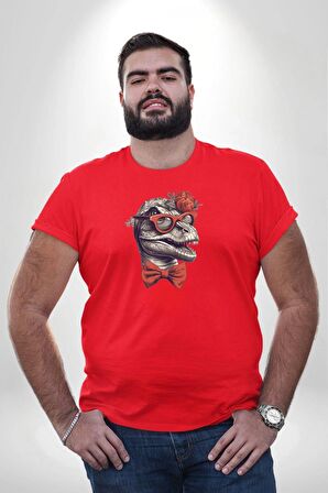 Kırmızı Gözlük Papyon Dinazor  Kırmızı Büyük Beden Erkek Kadın Unisex Basic Ön Baskılı Tişört