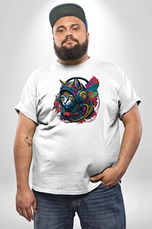 Kulaklık Kedi Müzik Tekir  Beyaz Büyük Beden Kadın Erkek Ünisex  Basic Ön Baskılı Tişört