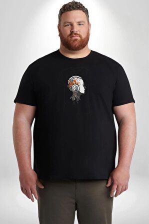 Kafatası Kulaklık Ergen Enerjisi Siyah Büyük Beden Erkek Kadın Unisex Basic Ön Baskılı Tişört