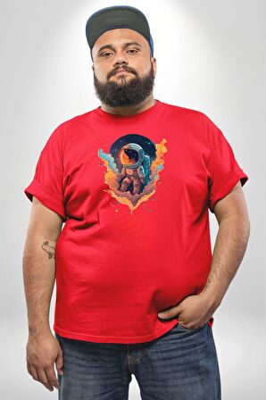 Bulutlar Astronot Uzay  Kırmızı Büyük Beden Erkek Kadın Unisex Basic Ön Baskılı Tişört