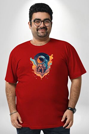 Bulutlar Astronot Uzay  Kırmızı Büyük Beden Erkek Kadın Unisex Basic Ön Baskılı Tişört