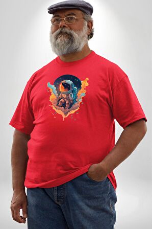 Bulutlar Astronot Uzay  Kırmızı Büyük Beden Erkek Kadın Unisex Basic Ön Baskılı Tişört