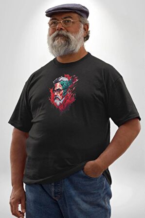 Santa Cool Gözlüklü Siyah Büyük Beden Erkek Kadın Unisex Basic Ön Baskılı Tişört