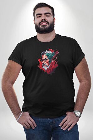 Santa Cool Gözlüklü Siyah Büyük Beden Erkek Kadın Unisex Basic Ön Baskılı Tişört