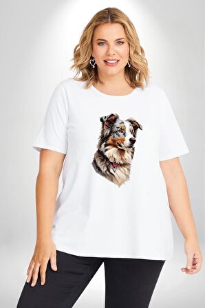 Australian Shepherd Köpek  Beyaz Büyük Beden Kadın Erkek Ünisex  Basic Ön Baskılı Tişört