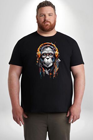 Kulaklık Maymun Müzik Dinliyor Siyah Büyük Beden Erkek Kadın Unisex Basic Ön Baskılı Tişört