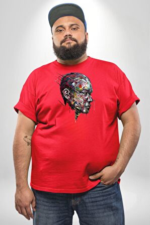 İnsan Kafası Sulu Boya  Kırmızı Büyük Beden Erkek Kadın Unisex Basic Ön Baskılı Tişört