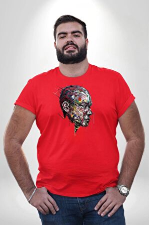 İnsan Kafası Sulu Boya  Kırmızı Büyük Beden Erkek Kadın Unisex Basic Ön Baskılı Tişört