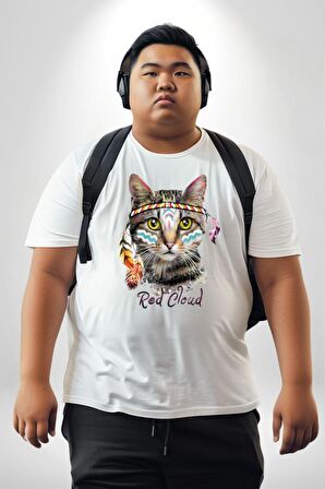 Red Cloud Kedi Hintli Beyaz Büyük Beden Kadın Erkek Ünisex  Basic Ön Baskılı Tişört