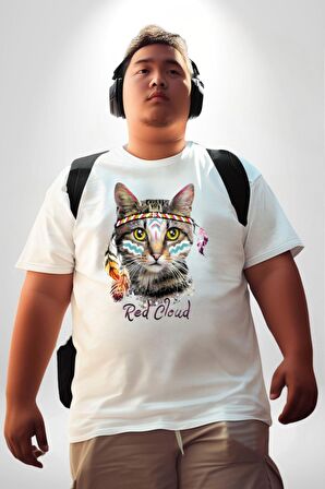 Red Cloud Kedi Hintli Beyaz Büyük Beden Kadın Erkek Ünisex  Basic Ön Baskılı Tişört