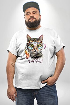 Red Cloud Kedi Hintli Beyaz Büyük Beden Kadın Erkek Ünisex  Basic Ön Baskılı Tişört