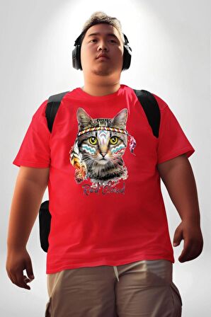 Red Cloud Kedi Hintli Kırmızı Büyük Beden Erkek Kadın Unisex Basic Ön Baskılı Tişört