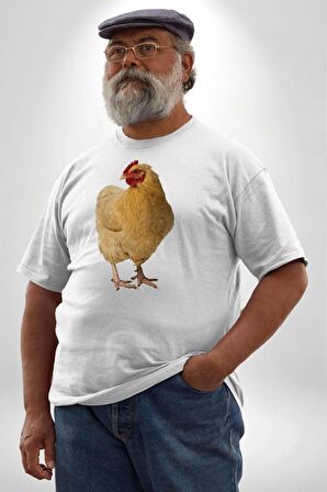 Tavuk Beyaz Büyük Beden Kadın Erkek Ünisex  Basic Ön Baskılı Tişört