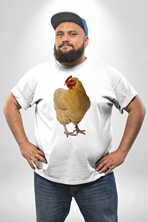 Tavuk Beyaz Büyük Beden Kadın Erkek Ünisex  Basic Ön Baskılı Tişört
