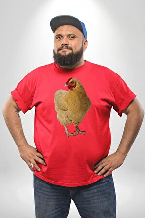 Tavuk Kırmızı Büyük Beden Erkek Kadın Unisex Basic Ön Baskılı Tişört