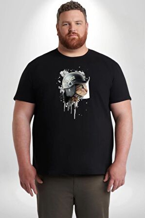 Kaket Polis Kedi  Siyah Büyük Beden Erkek Kadın Unisex Basic Ön Baskılı Tişört