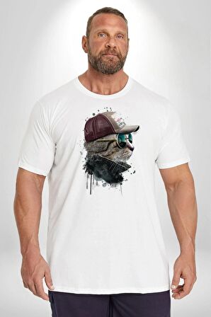 Pilot Çeketli Deri Şapkalı Cool Kedi Beyaz Büyük Beden Kadın Erkek Ünisex  Basic Ön Baskılı Tişört