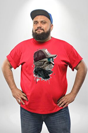 Pilot Çeketli Deri Şapkalı Cool Kedi Kırmızı Büyük Beden Erkek Kadın Unisex Basic Ön Baskılı Tişört